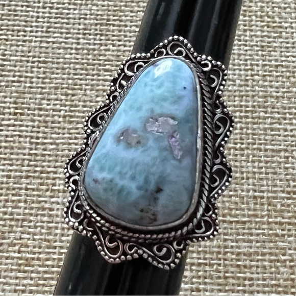 New Larimar Stone Silver Overlay Ring Size 7.25 - Picture 5 of 5